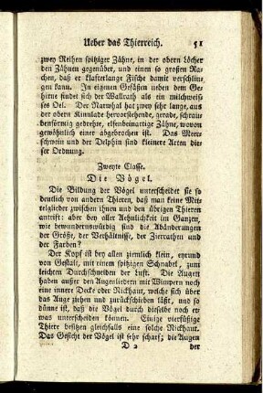 Zweyte Klasse. Die Vögel