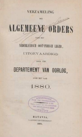 1880: Verzameling der algemeene orders voor het Nederlandsch Oost-Indisch leger