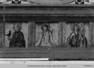 Thronende Madonna mit dem Kind, dem Heiligen Sebastian und dem Heiligen Rochus : Schmerzensmann, Heilige und Stifter