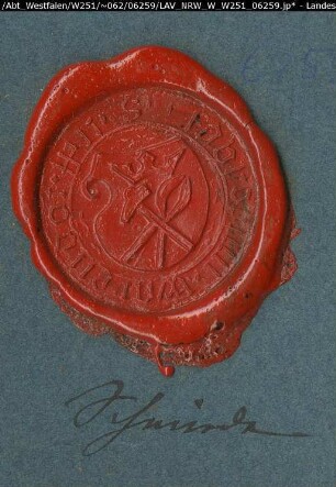 Siegler: Warendorf, Schmiede-Zunft Überlieferungsart: Abdruck. Stoff: Lack Farbe: rot Form: rund. Durchmesser: 36 mm