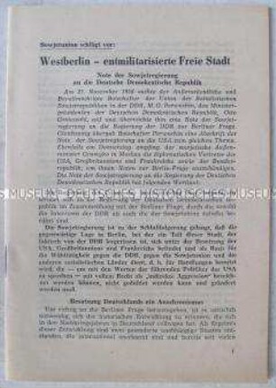 Dokumentation der UdSSR-Noten, Interviews und Stellungnahmen zum UdSSR-Vorschlag über Westberlin als entmilitarisierte, freie Stadt