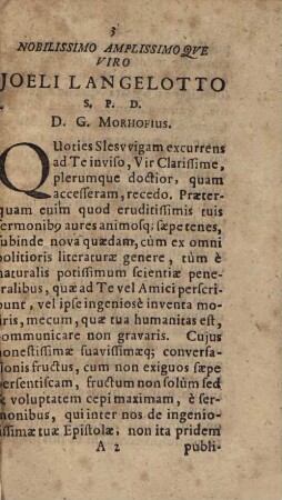 D. G. Morhofi De Metallorum Transmutatione ad Virum Nobilissimum & Amplissimum Joelem Langelottum, Serenissimi Principis Cimbrici Archiatrum Celeberrimum Epistola
