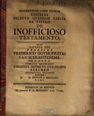 Dissertatio Iuris Civilis Exhibens Selecta Quaedam Capita Ex Titulo De Inofficioso Testamento