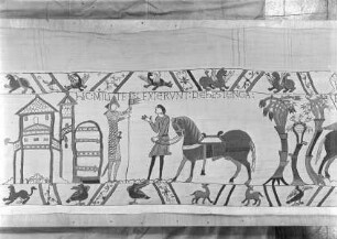 Der Teppich von Bayeux — 41. Szene: Die Soldaten verlassen die Stadt Hastings und ziehen in die Schlacht gegen König Harold