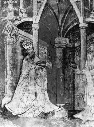 Erzengel Michael, Abraham und Melchisedek : Erzengel Michael, Abraham und Melchisedek. Fresko (1301/1400). Detail. Murau, Stadtpfarrkirche Sankt Matthäus, nördliche Chorwand