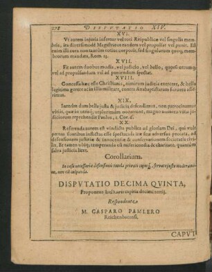 Disputatio Decima Quinta. Respondente M. Gasparo Pamlero