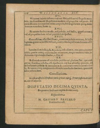 Disputatio Decima Quinta. Respondente M. Gasparo Pamlero