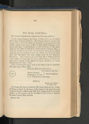Betrothal of H.R.H. the Duke of York and Princess Victoria Mary of Teck.