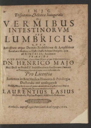 Disputatio Medica Inauguralis De Vermibus Intestinorum Seu Lumbricis
