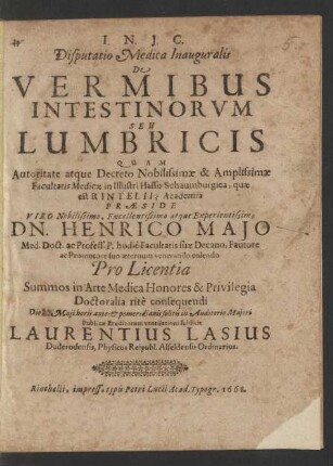 Disputatio Medica Inauguralis De Vermibus Intestinorum Seu Lumbricis