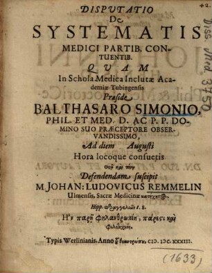 Disputatio De Systematis Medici Pratib. Contuentib.