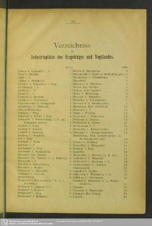 Verzeichniss der Industrieplätze des Erzgebirges und Vogtlandes