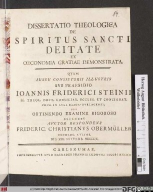 Dissertatio Theologica De Spiritus Sancti Deitate Ex Oeconomia Gratiae Demonstrata