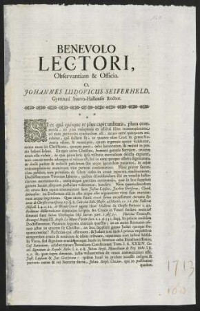 Benevolo Lectori, Observantiam & Officia. O. Johannes Ludovicus Seiferheld...