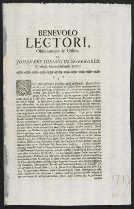 Benevolo Lectori, Observantiam & Officia. O. Johannes Ludovicus Seiferheld...