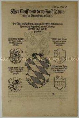 Fünfunddreißigstes Turnier zu Regensburg im Jahr 1487 - Stadt- und Familienwappen (S. CCXXXV aus dem Turnierbuch/1. Teil)