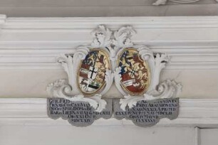 Wappenpaare in Kartuschen — Wappen des Fürsten Wilhelm Friedrich von Nassau-Diez (1613-1664) und seiner Ehefrau Albertina Agnes von Oranien-Nassau (1634-1696)