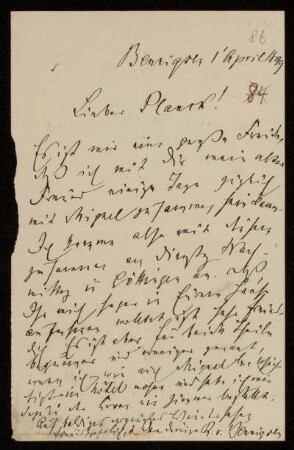86: Brief von Rudolf von Bennigsen an Gottlieb Planck, Bennigsen, 1.4.1899