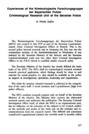 217-220, Experiences of the Kriminologische Forschungsgruppe der Bayerischen Polizei. Criminological Research Unit of the Bavarian Police
