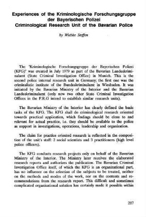 217-220, Experiences of the Kriminologische Forschungsgruppe der Bayerischen Polizei. Criminological Research Unit of the Bavarian Police