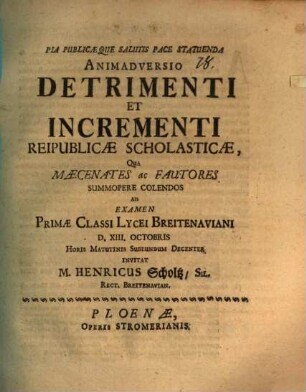 Animadversio detrimenti et incrementi reipublicae Scholasticae