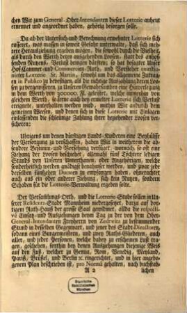 Patent Zu Aufrichtung einer Lotterie : [Schwetzingen den 25ten Augustii 1764]