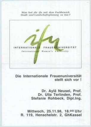 Die internationale Frauenuniversität stellt sich vor! Was hat die ifu mit dem Fachbereich Stadt- und Landschaftsplanung zu tun?