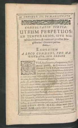 Consultatio Tertia. Utrum Perpetuos: An Temporarios, Sive Mutabiles habere ...?