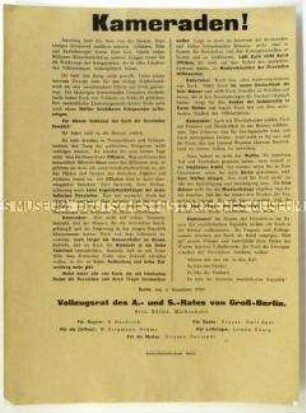 Aufruf des Berliner Vollzugsrates vom 4. Dezember 1918 an die heimkehrenden Soldaten zur Unterstützung der Revolution und der Soldatenräte