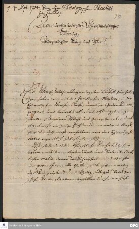 Brief von Joachim Justus Breithaupt, Paul Anton und August Hermann Francke an Friedrich I., König in Preußen.
