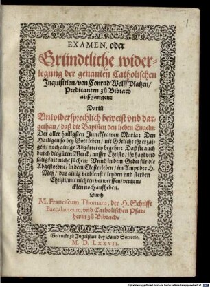 Examen ... der genannten catholischen Inquisition von Conr. Wolf. Platzen ausgangen
