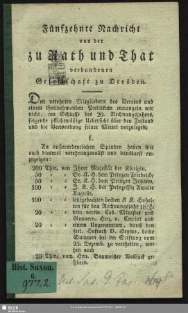 15.1823: Nachricht von der zu Rath und That verbundenen Gesellschaft zu Dresden