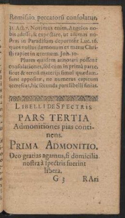Libelli De Spectris Pars Tertia Admonitiones pias continens.