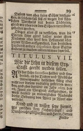 Titulus VII. Wie die Lehn in diesem Ertz-Stifft geerbt werden sollen
