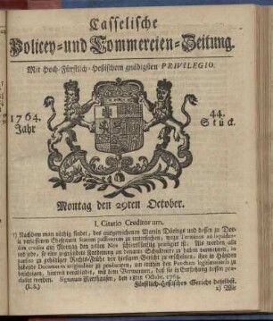 44. Stueck, Montag den 29ten October 1764