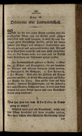 Kap. VI. Oekonomie oder Landwirthschaft.