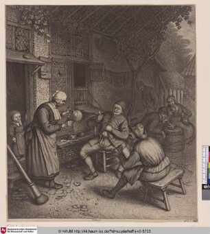 [Bauern unter einer Laube neben einem Gasthof sitzend; Peasants under an Arbour to the Right of an Inn]