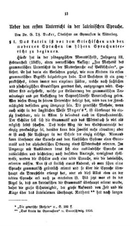 Ueber den ersten Unterricht in der lateinischen Sprache