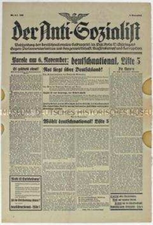 Wahlzeitung der DNVP Thüringen zur Reichstagswahl am 6. November 1932
