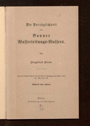 Die Vorzüglichkeit des Bonner Wasserleitungs-Wassers