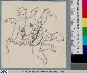 Schwebender Putto eine Girlande tragend