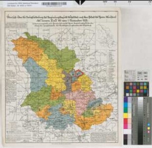Übersicht über die Neugliederung des Reg.-Bez. Düsseldorf nach dem Erlaß des Ministers des Innern IVa IV 866 v. 1. Nov. 1928. Bearb. nach der von der Katasterabt. d. Reg. Ddf. hrsg. Übersichtskarte / Auflage Febr. 1928. Landesplanungsverband Ddf. Der stellvertr. Geschäftsführer: Schürmann, Regierungsbaumeister a.D. / Lith. u. Druck v. L. Schwann, Düsseldorf