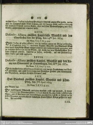 LXVIII. Defensiv-Allianz zwischen Kayserl. Majestät und den König von Dännemark zu Coppenhagen, den 16den Jan. 1674
