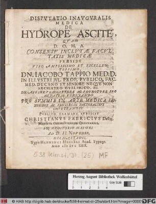 Disputatio Inauguralis Medica De Hydrope Ascite