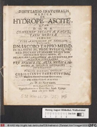 Disputatio Inauguralis Medica De Hydrope Ascite
