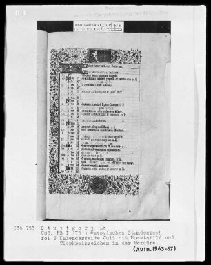 Liber horarum — Liturgisches Franziskanerkalendar, Folio 3recto-8verso — Buchseite Juli mit Monatsbild und Tierkreiszeichen in der Bordüre, Folio 6recto