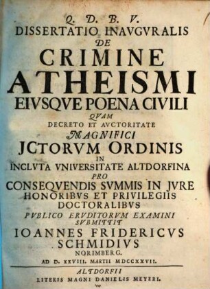 Dissertatio inauguralis de crimine atheismi eiusque poena civili