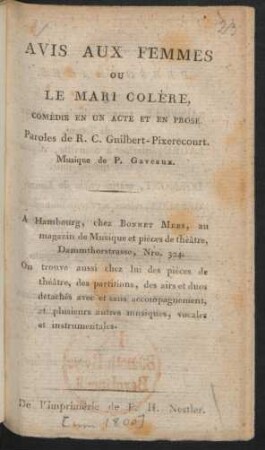 Avis Aux Femmes Ou Le Mari Colère : Comèdie En Un Acte Et En Prose