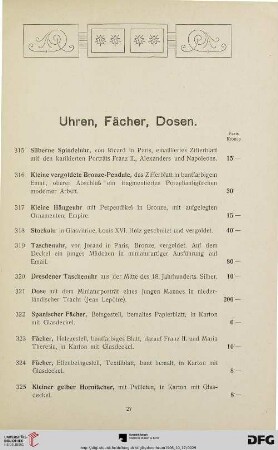 Uhren, Fächer, Dosen (Nr. 315-330)