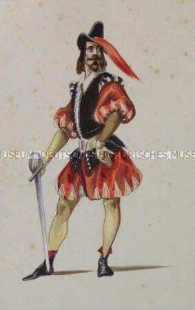 Mann im roten Anzug, schwarzer Weste und schwarzem Hut, mit Schwert posierend - Tafel aus Franceschini/Kostümbilder (Kassette 1)